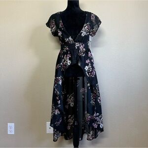 Live 4 Truth top women small sheer floral short sleeve high/low kimono top black